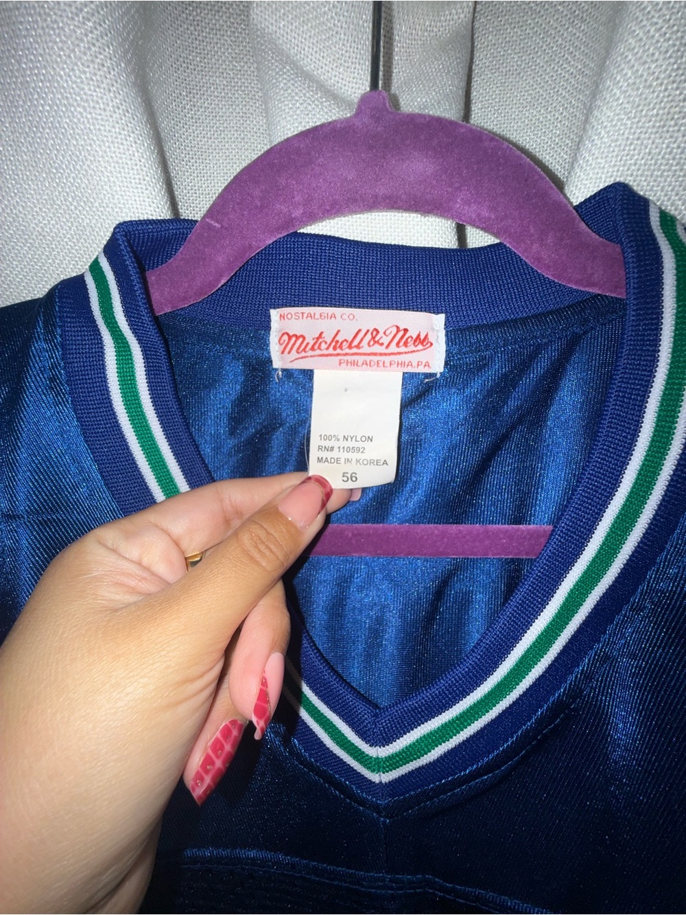 Mitchell & Ness Navy Blue Football Jersey with Green-White Trim - Picture 3 of 3